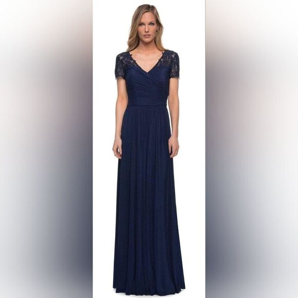 La Femme 29772 V-Neck Ruched Evening Dress NWT size 8 Navy Blue - Picture 1 of 6